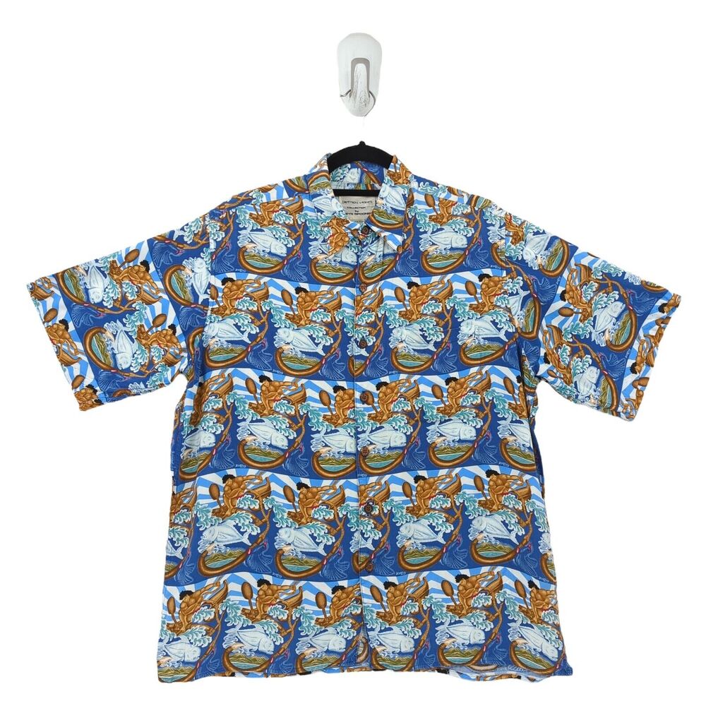 Reyn Spooner Men M Dietrich Varez Shirt Blue Maui Canoe Ulua Fishing Hook Makau